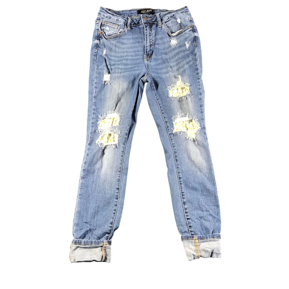 Judy Blue Skinny Jeans Size 9/29 Medium Wash Distressed Lemon Print Patchwork